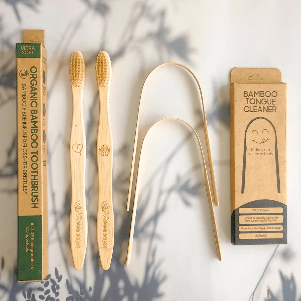 Bamboo Toothbrush & Tongue Cleaner Combo, Colour Bristles